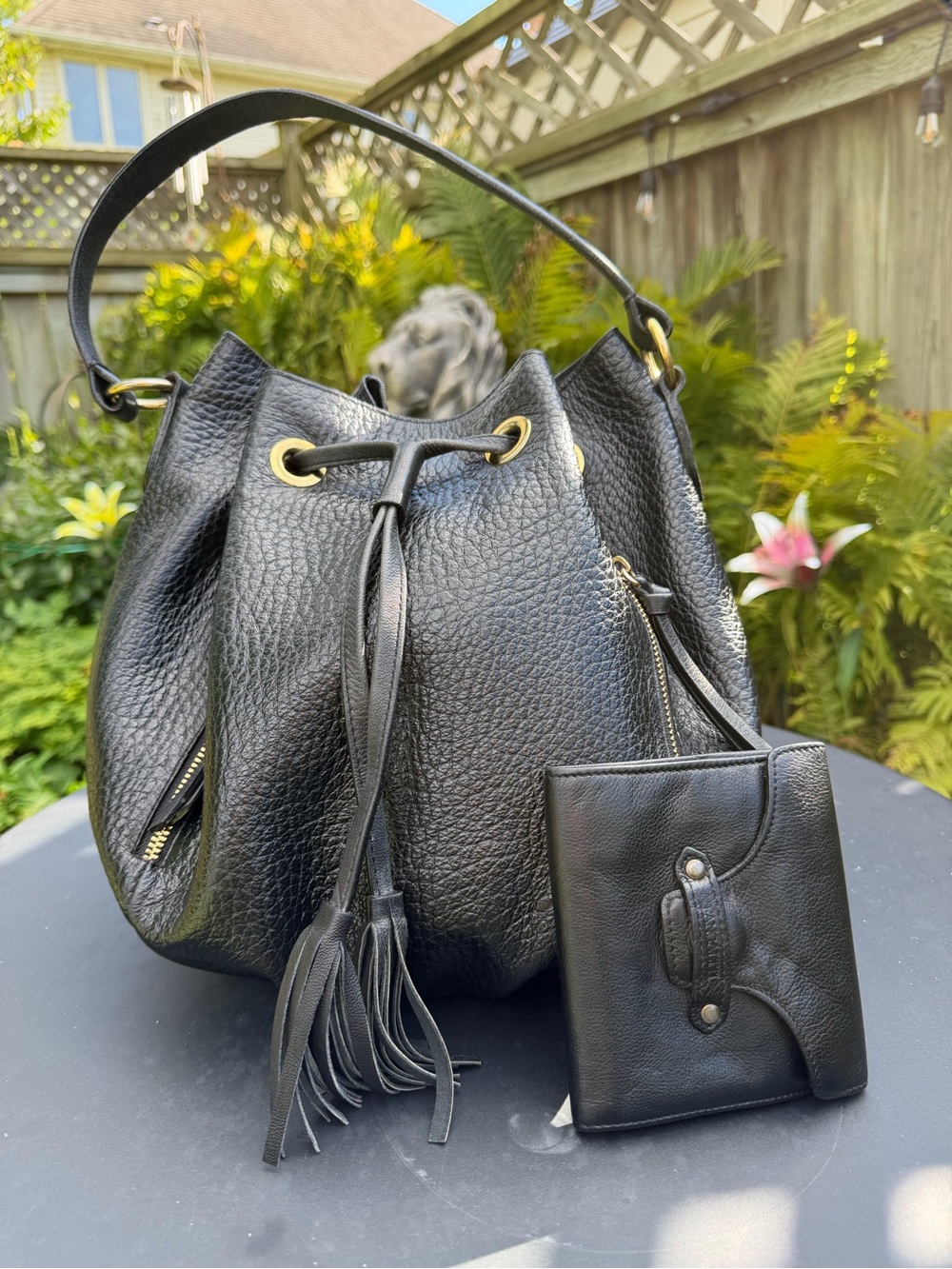 Fancaltti Black Pebbled Leather Bucket Bag + Matching Wallet Set
